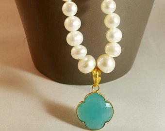 Aqua Blue Chalcedony Clover and Freshwater Pearl Necklace.