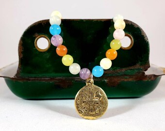 Multi Color Agate 6mm Beads and Cross Pendant