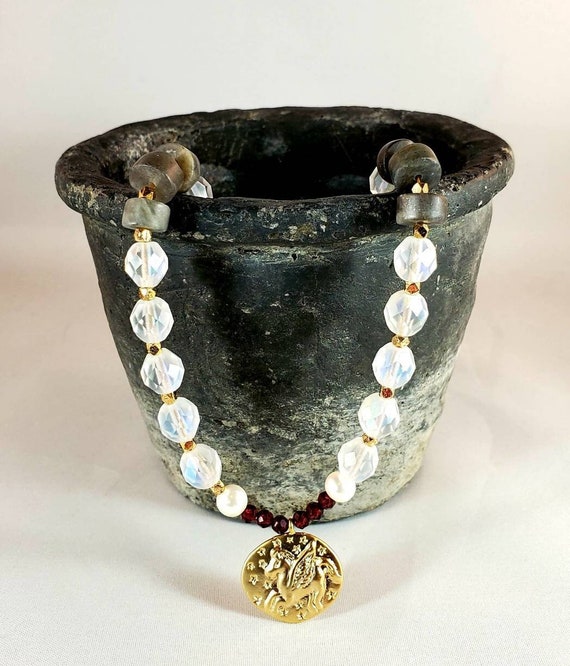 Unicorn Necklace With Mother of Pearl, Garnets, Vermeil Beads, AB