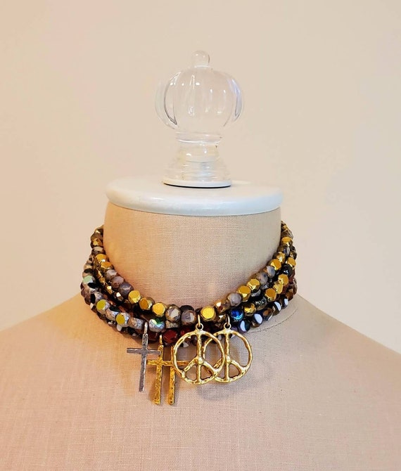 Czech Crystal Beads and a Pewter Peace Sign or Cross