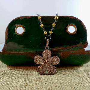 Bling Champagne Micro Pave CZ Flower Pendant and Golden Pyrite Rosary Bead Necklace