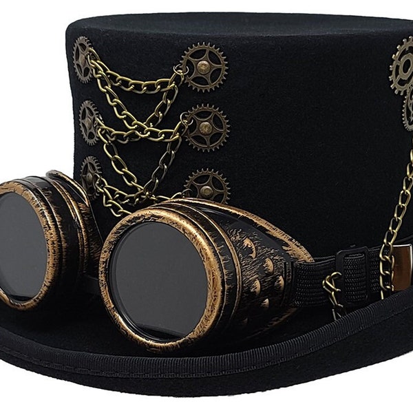 Sombrero de copa de fieltro de lana Steampunk con copa alta y gafas Steampunk, toque diferente