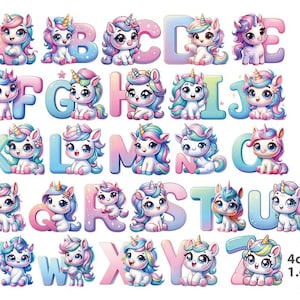 Può includere: Un alfabeto completo di lettere, ciascuna decorata con un'illustrazione di unicorno. Gli unicorni hanno criniere e corna colorate, in una palette di colori pastello. Le lettere sono in un gradiente di rosa, blu e viola. La dimensione è di 4 cm.