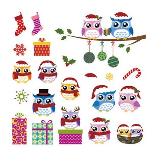 Pode incluir: Um conjunto de ilustrações de corujas de Natal coloridas com várias poses e acessórios, incluindo presentes, bengalas de doces, flocos de neve e enfeites. As corujas usam chapéus de Papai Noel e cachecóis.