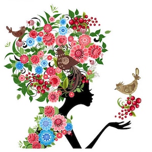 Peut inclure: Silhouette d'une femme avec une couronne florale de fleurs roses, rouges et bleues, des feuilles vertes et des oiseaux bruns. La femme regarde vers la droite et tend la main vers un oiseau brun avec une branche de baies rouges.