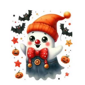 Peut inclure: Illustration d'un fantôme amical portant un bonnet en tricot rouge et orange et un nœud papillon rouge à pois. L'image comprend des chauves-souris, des citrouilles et des étoiles, dans un style de dessin animé pour Halloween.