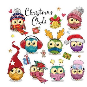 Pode incluir: Christmas Owls é o texto sobre um fundo branco com nove corujas de desenho animado usando acessórios de inverno. As corujas usam chapéus, cachecóis, protetores de orelha e chifres de rena. Algumas das corujas estão segurando presentes.
