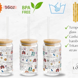 May include: Three 16 ounce glass jars with bamboo lids and colorful designs. Each jar has a clear Tritan plastic straw. The jars are BPA free and dishwasher safe. The jars are labeled with the text "Work is a garden, where if you don't put in the seeds, you can't really expect a harvest."