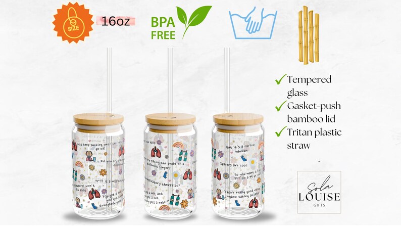May include: Three 16 ounce glass jars with bamboo lids and colorful designs. Each jar has a clear Tritan plastic straw. The jars are BPA free and dishwasher safe. The jars are labeled with the text "Work is a garden, where if you don't put in the seeds, you can't really expect a harvest."