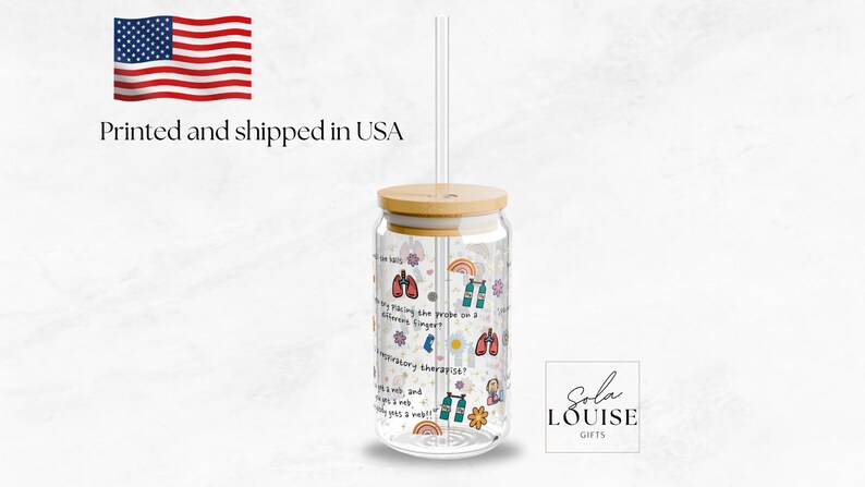 May include: A clear glass reusable water bottle with a bamboo lid and a straw. The bottle is decorated with a colorful design featuring a rainbow, lungs, and the text "I'm only taking the probe on a wilderness emergency."  The bottle is printed with the text "Sola Louise Gifts".