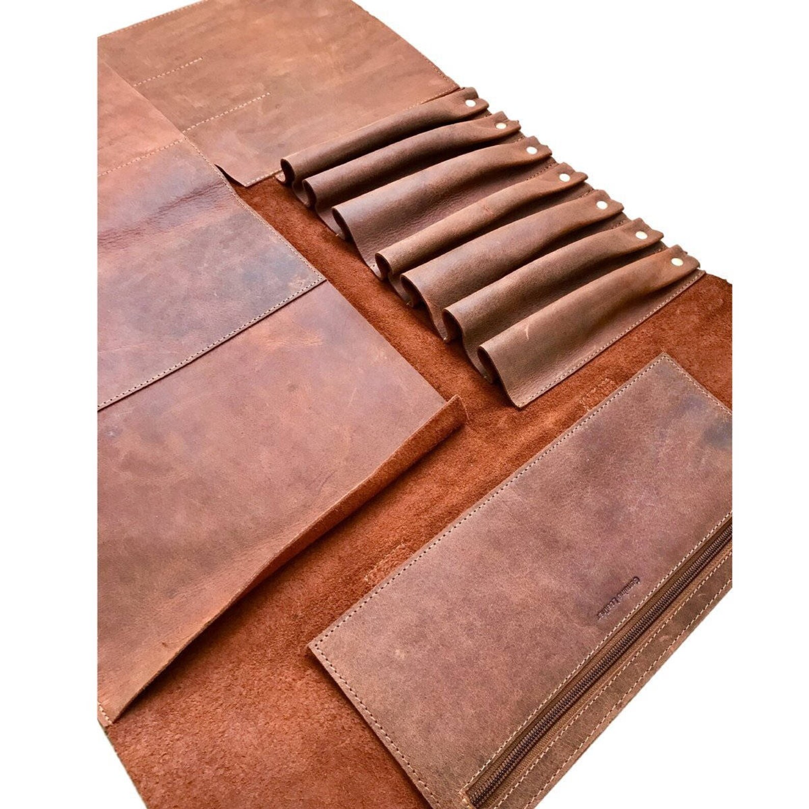 Large Handmade Leather Knife Roll with Pockets Etsy