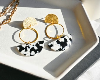 Modern Black White Geometric Statement Earrings | Half Moon Acrylic Circle Brass Drop Earrings | Unique Earrings | Gifts for Her | Unique