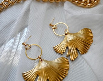 Gingko Biloba Leaf Earrings | Brass Modern Statement Dangle Earring | Boho Bohemian Gold leaf botanical Jewelry | Unique Gifts For Her | Art