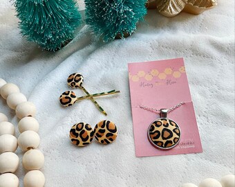 Leopard Print Earrings and Necklace Set for Women, Gifts for Her, Lightweight, Hypoallergenic, Pendent Charm Necklace, Stocking Stuffer