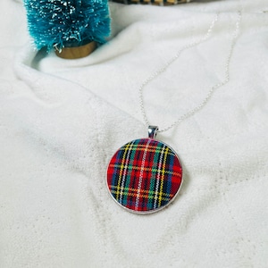 Christmas Tartan Plaid Fabric Necklace, Holiday Silver Chain