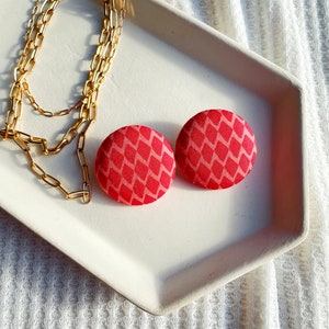 Red Fabric Button Earrings: Geometric Statement Studs
