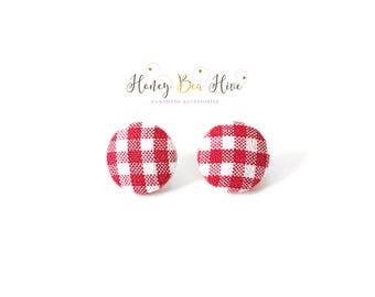 Vintage Red Plaid Earrings, Gingham Print Studs, Stud Clip On Earring, Bday gift for her, Aesthetic Earrings, Cool Earrings Gift for Mom