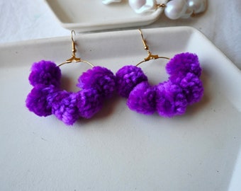 Purple Pom Pom Hoop Earrings, Fluffy Earrings, Statement Earrings, Statement Jewlery, Purple Earrings, Pom Pom Earrings, Colorful Earrings