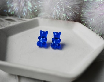 Blue Gummy Teddy Bear Stud Earrings - Cute Candy Jewelry - Kawaii Resin Studs - Fun Accessories - Gifts for Her