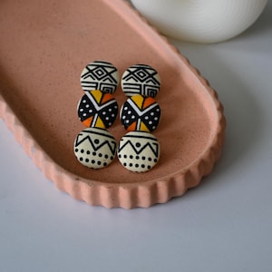 African Print Earring Set, Mud Cloth Earrings, Afrocentric Earrings, Large Women Statement Earring, Lightweight, Clip On, Studs, Black Owned