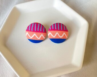 Colorful Fabric Button Earrings: Bold Print, Hypoallergenic Steel Posts