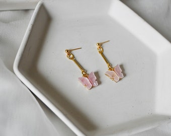 Pink Butterfly Dangle Earrings, Gold Plated, Y2K Jewelry