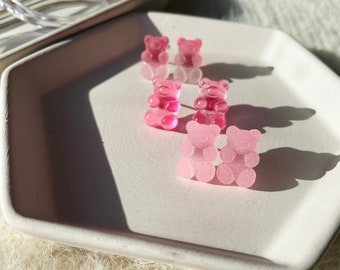 Pink Gummy Bear Aesthetic Earrings Set, Indie Jewelry, Wanderlust Jewelry, Cool Earrings, Tween Girl Gift, Trendy Stud Earrings