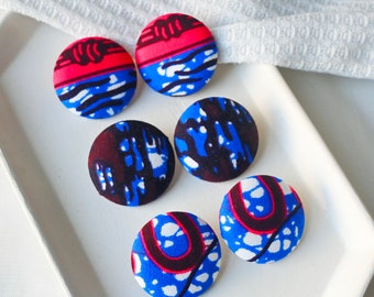 African Ankara Print Stud Earrings, Pink Blue White Afrocentric Earrings, Tribal Jewelry, Lightweight Large Earrings for Women, Gifts