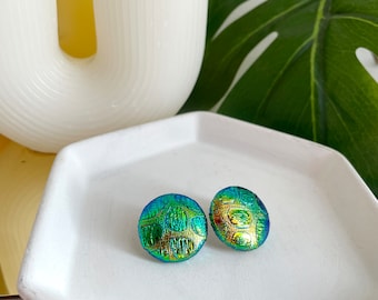 Unique Green Holographic Scale Metallic Fabric Stud Earrings - Ideal Women's Earring Gifts, Lightweight & Hypoallergenic, Halloween