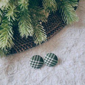 Green Houndstooth Fabric Earrings: Stainless Steel Posts