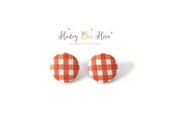 Orange Earrings, Women Jewelry, Vintage earrings, Checkered Earrings, Gingham Earrings, Plaid studs, Fashion Jewelry, Statement Earrings