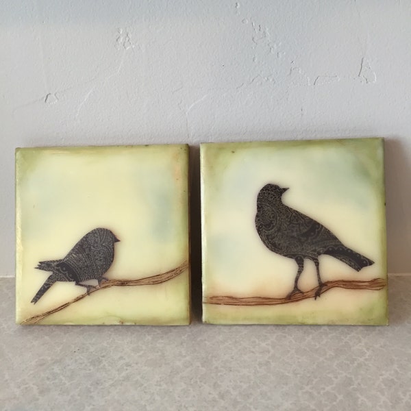 Perched bird, encaustic beeswax painting, original painting