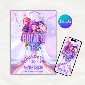 May include: A digital invitation for "Rumi's 5th" birthday party. The design features a group of animated girls in vibrant colors, with the text "RUMI'S 5" prominently displayed. The invitation includes the date, time, and location: Sunday, May 20, 2 PM, at Rumi's House, 101 Stadium, California.