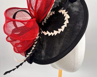 Black, Red & Cream Feather Saucer, Red and Black Fascinator, Wedding Guest ,Races, Ascot Headpiece  Fascinator Jademurphymillinery Handmade.