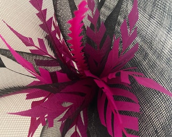 Black & Fuchsia Feather Saucer,Pink and Black Fascinator, Wedding Guest ,Races, Ascot Headpiece  Fascinator Jademurphymillinery Handmade.