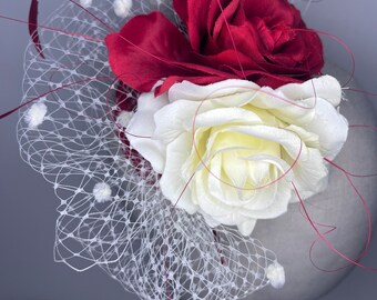 Red & Cream Rose Fascinator Wedding, Wedding Guest, Races Ascot, Flower Veiled Fascinator Jademurphymillinery Birdcage.