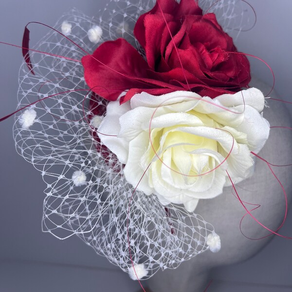 Red & Cream Rose Fascinator Wedding, Wedding Guest, Races Ascot, Flower Veiled Fascinator Jademurphymillinery Birdcage.