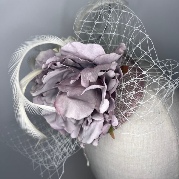 Lilac & Cream Floral Fascinator, Wedding, Wedding Guest, Races, Ascot, Flower Veiled Fascinator Jademurphymillinery Birdcage.