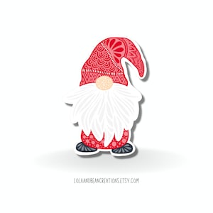 May include: A red and white gnome with a patterned hat and beard. The gnome is standing on a white background.