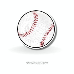May include: A white baseball with red stitching and a paisley pattern. The baseball has a black outline.