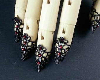 Juego de garras "Bruja de sangre" ~ Garras, puntas de dedos, joyas para uñas, garras de dedos, garras de metal, negro, rojo oscuro, regalo