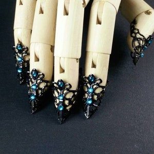 Claw set "Glacier Witch" ~ claws, filigree, gothic, armor, finger tips, nail jewelry, petrol, black, gift
