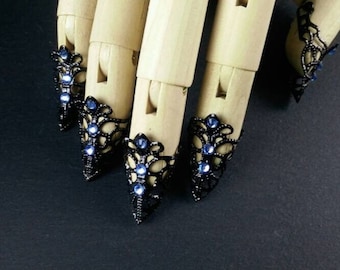 Conjunto de garras "Bruja del Cielo" ~ garras, filigrana, gótico, armadura, puntas de los dedos, joyas de uñas, brillo, regalo, negro, azul claro
