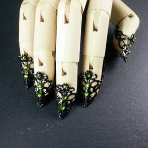 Krallen-Set "Hexe der Lebens" ~ Klauen, Filigran, Gothic, Rüstung, finger tips, Nail jewelry, Geschenk, Schwarz, Olivin