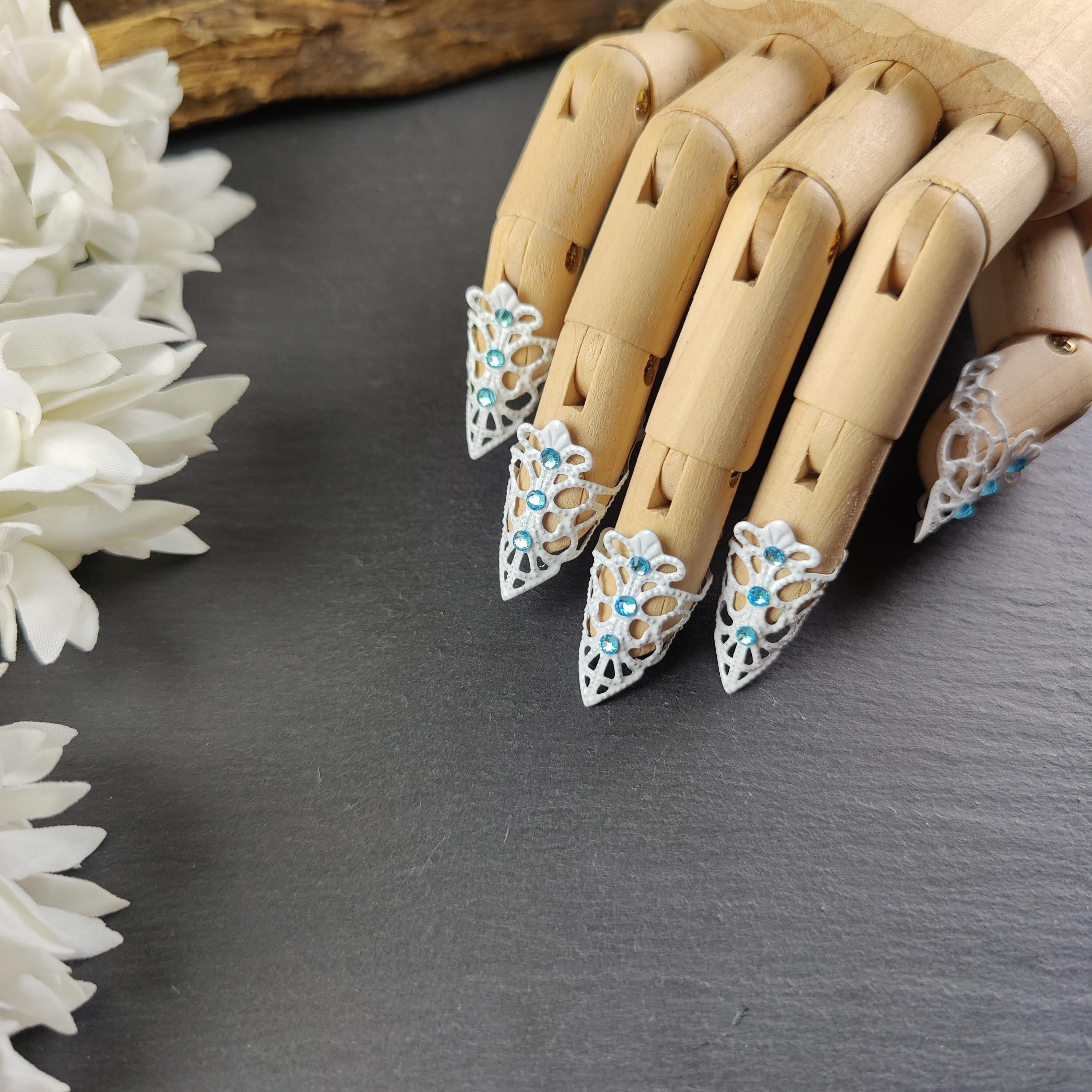 Claw set "Mistress of Harmony" ~ claws, finger tips, nail jewelry, finger claws, metal claws, white, turquoise, gift