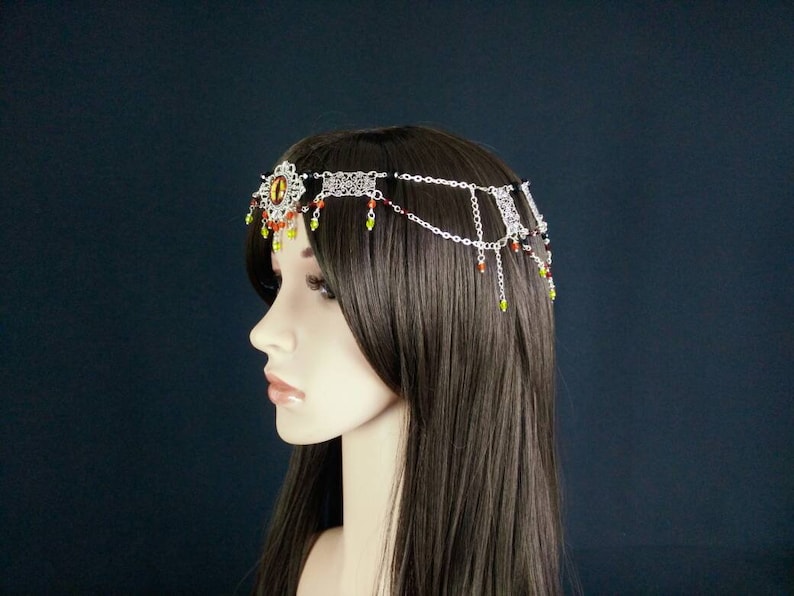 Ornament Medieval Forehead Jewelry Tidem Tiara Hairnet Wiccan Forehead Chain Headdress Eye of the Fire Dragon Fantasy Larp