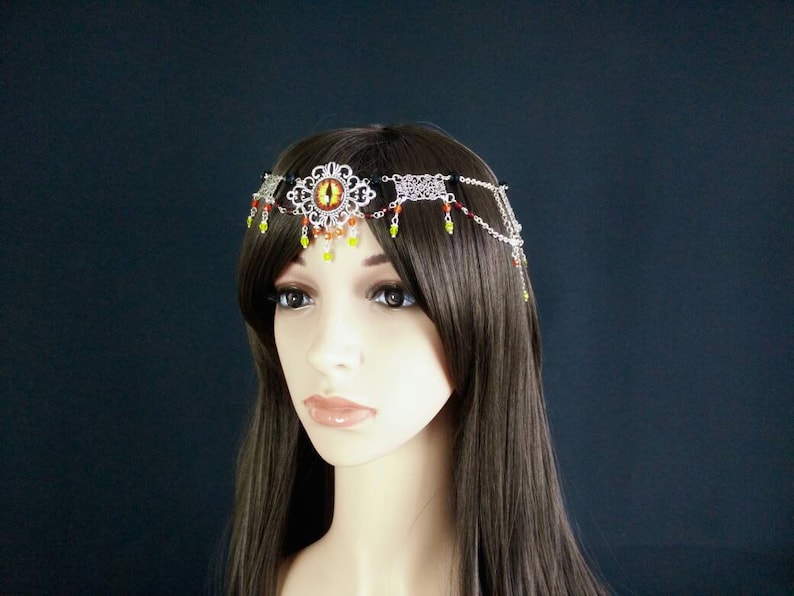 Ornament Medieval Forehead Jewelry Tidem Tiara Hairnet Wiccan Forehead Chain Headdress Eye of the Fire Dragon Fantasy Larp
