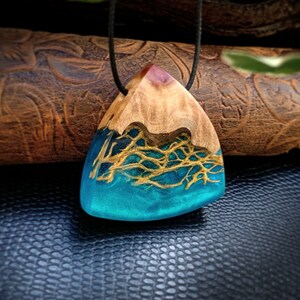 Wood and Resin Pendant - Cactus Fibers - Resin Wood Necklace - Anniversary Gift - Turquoise and Gold
