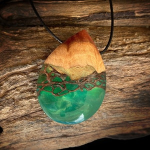 Wood and Resin Pendant - Cactus Fibers - Resin Wood Necklace - Anniversary Gift - Green and Brown