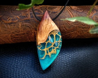 Wood and Resin Pendant - Cactus Fibers - Resin Wood Necklace - Anniversary Gift - Turquoise and Gold